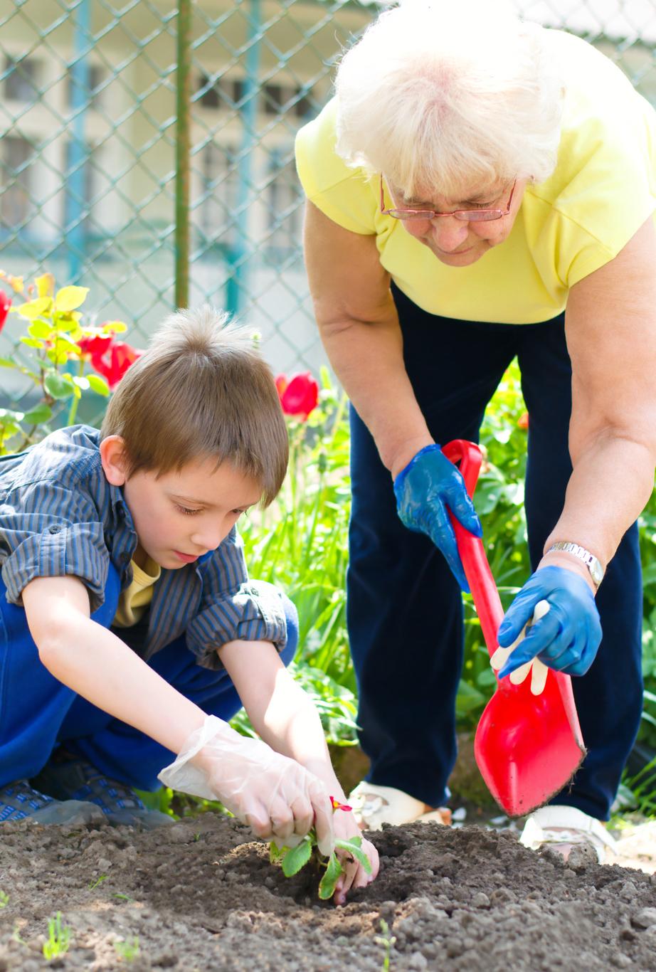 Grandmother and grandson planting flowers